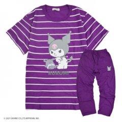 クロミボーダープリント半袖Tシャツ ロングパンツ セット (Purple)