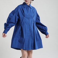 ミドルシャツドレス ミニワンピース (Blue)【夏セール】
