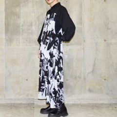 モード ジャンパースカート アートプリント サロペットスカート (Black/Cubism)