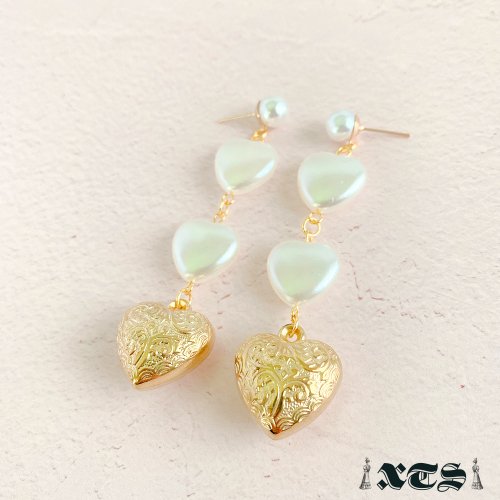 XTS Retro Heart & Pearl ハート ピアス (Gold)  [sale]