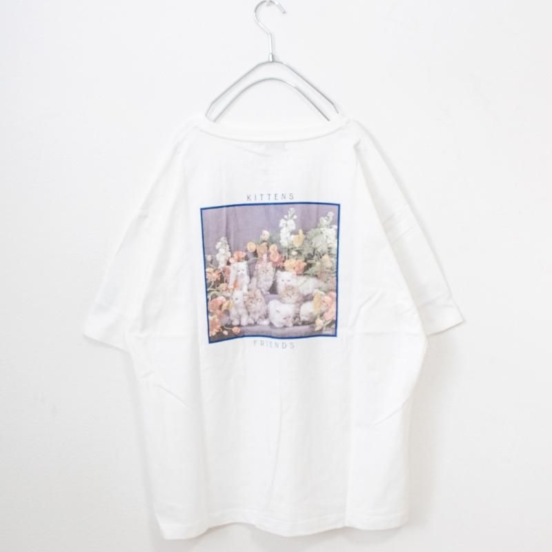 なめ猫 バックフォトオーバーシルエット 半袖Tシャツ WHITE［SALE