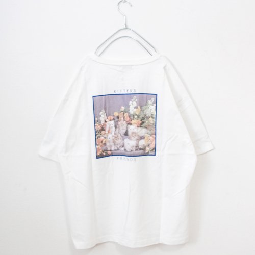 なめ猫 バックフォトオーバーシルエット 半袖Tシャツ (White)
