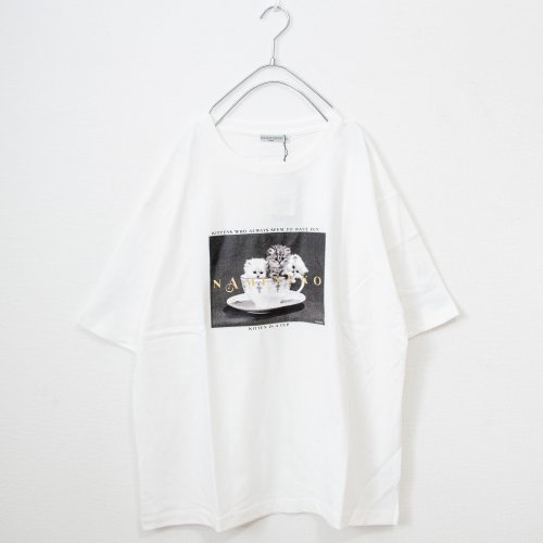 なめ猫 モノトーンプリントオーバーシルエット 半袖Tシャツ (White)