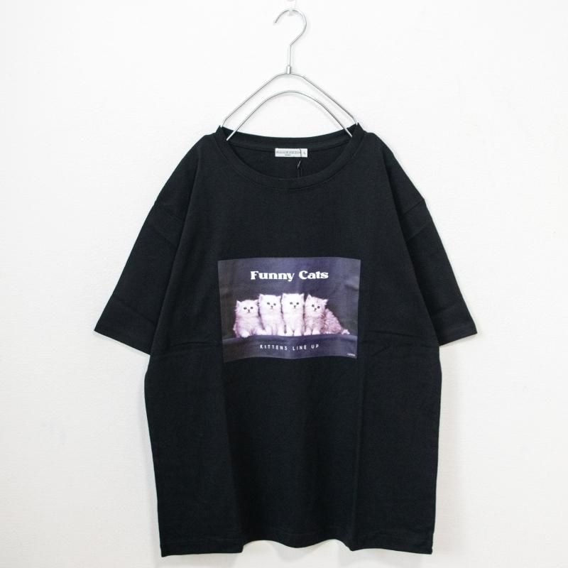 なめ猫 モノトーンプリントオーバーシルエット 半袖Tシャツ BLACK