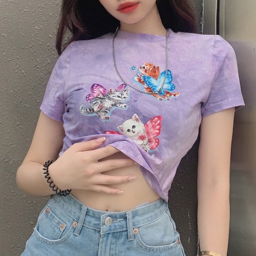 タイダイ 猫プリント Tシャツ PURPLE 紫