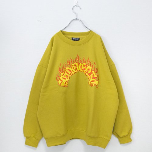 SEQUENZ FLAME THUG'S ファイヤーロゴ刺繍スウェットシャツ Mustard［SALE］
