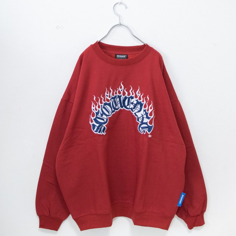 SEQUENZ FLAME THUG'S ファイヤーロゴ刺繍スウェットシャツ RED［SALE