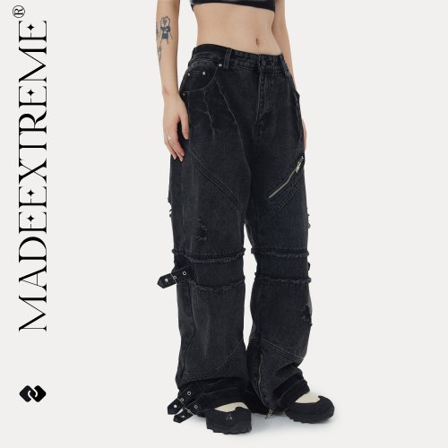 【取り寄せ】MADEEXTREME 切り替えデザイン ベルト ブラックデニム パンツ BLACK【12月下旬までに発送予定】