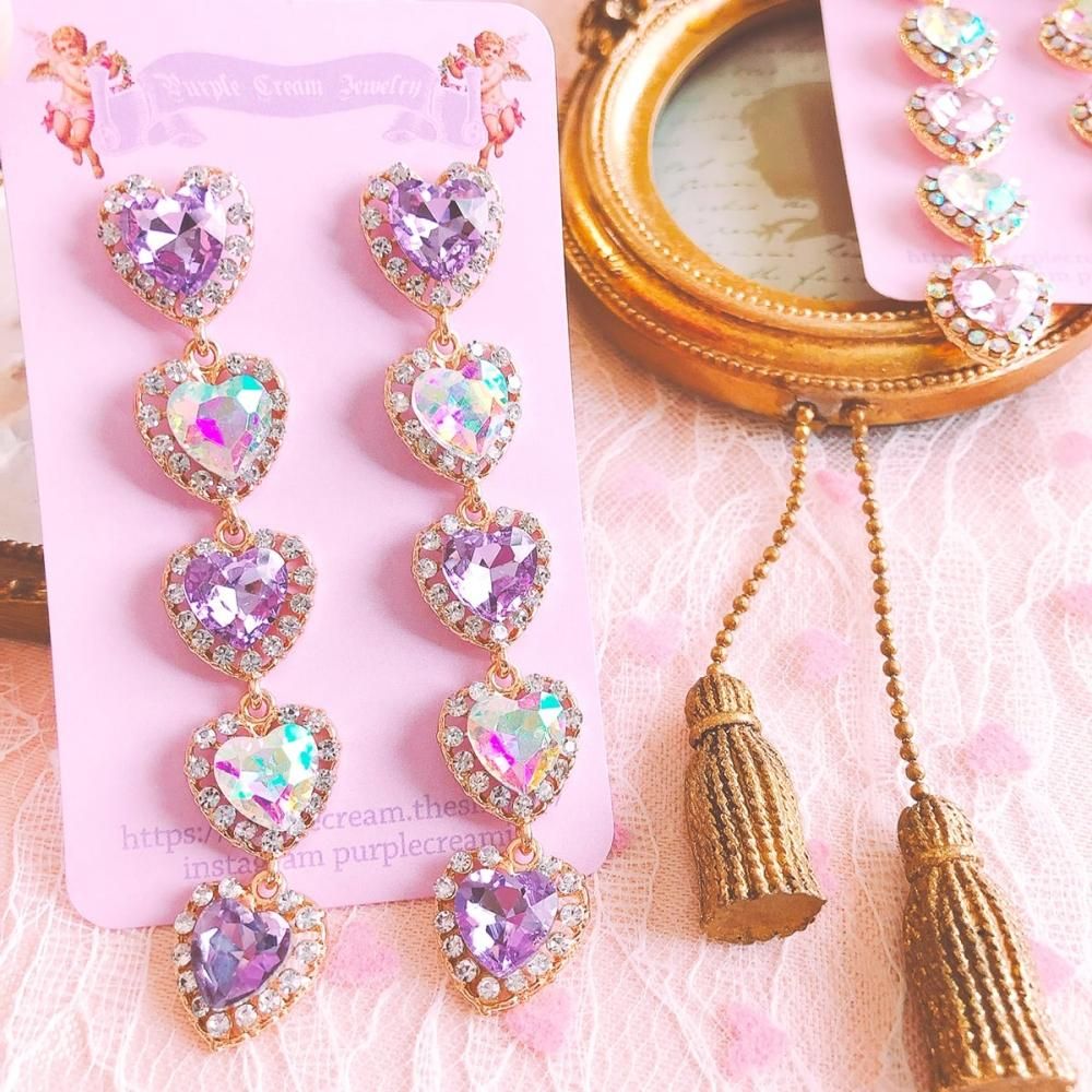 Purple Cream キラキラハート5連ピアス P017 500円均一[SALE Purple Cream キラキラハート5連ピアス P017 500円均一[SALE
