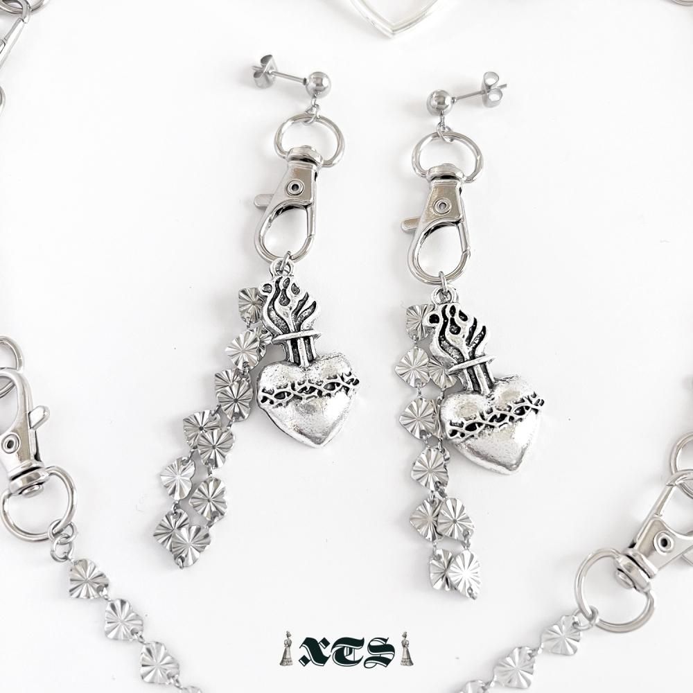 ハンドメイド　ピアス　イヤリング　No.52 XTS ハート コラソン チェーン ピアス イヤリング SILVER TS0294