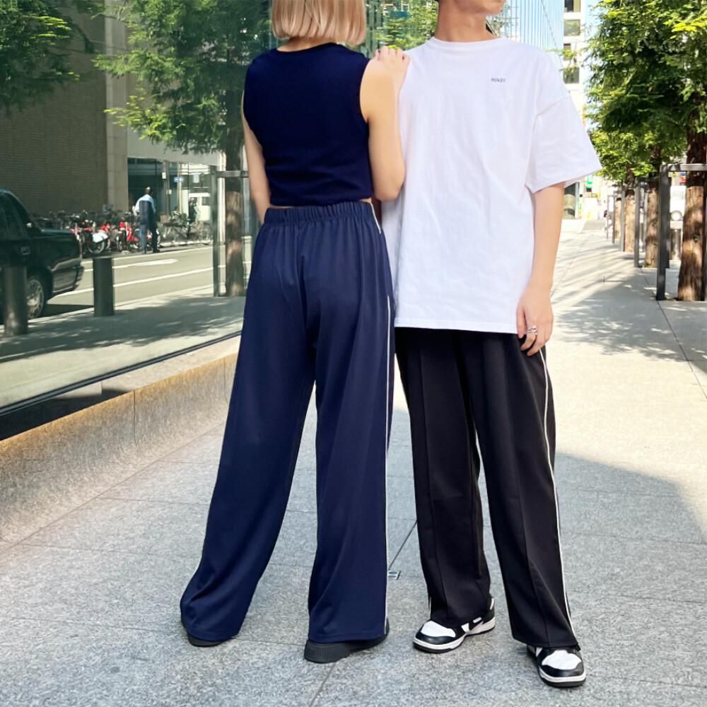 ◆新作◆ラインパンツ ロゴ入 ユニセックス ワイドパンツ ジャージ ブラックXL ◇新作◇ラインパンツ ロゴ入 ユニセックス ワイドパンツ