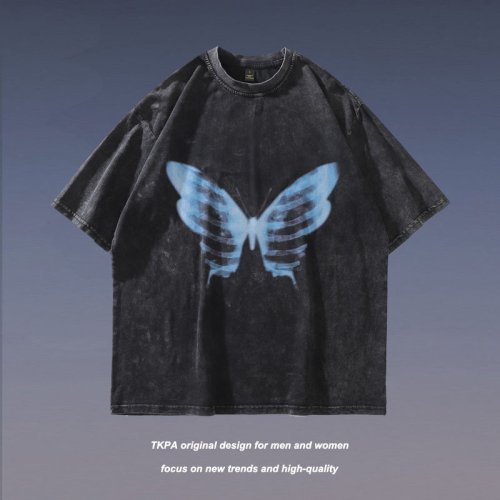 X-RAY 蝶々 ウォッシュ加工 ユニセックス Tシャツ BLACK