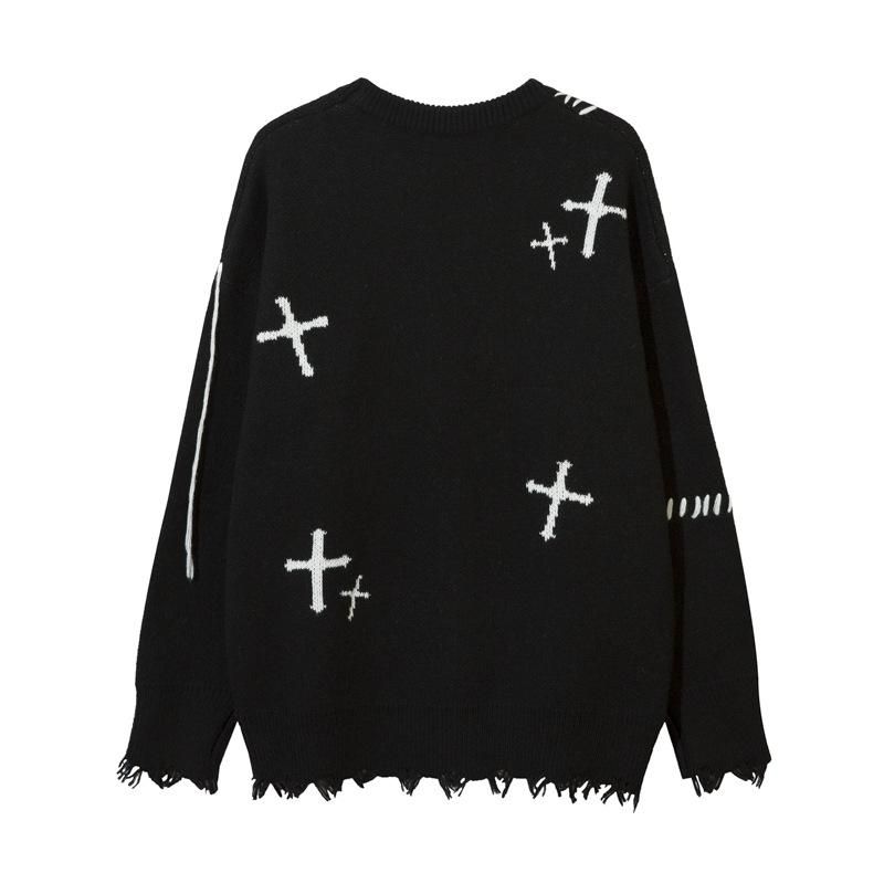 Corazon クロス ダメージ加工 ニットセーター BLACK | ナイフの