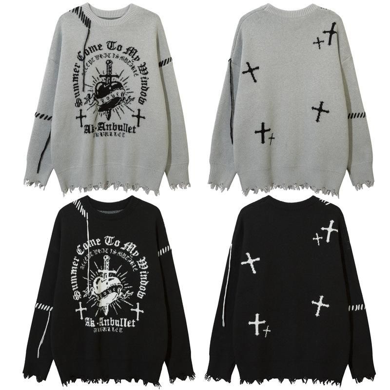 Corazon クロス ダメージ加工 ニットセーター BLACK | ナイフの