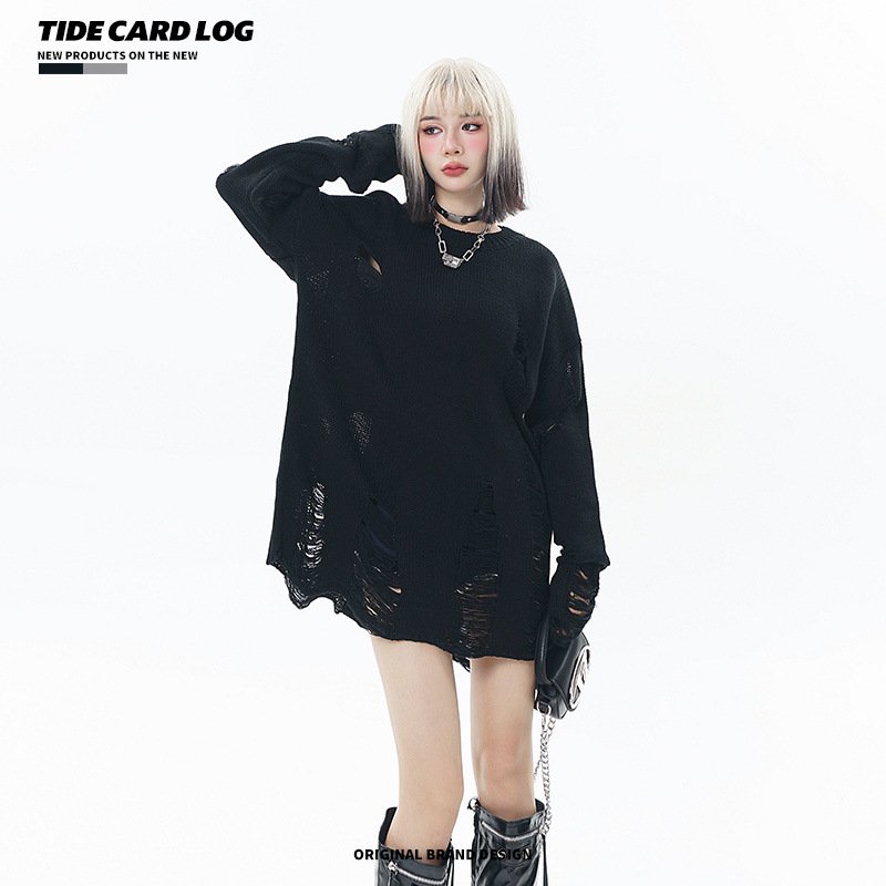 TIDE CARD LOG ダメージ加工 ライトニット セーター BLACK | ダメージ