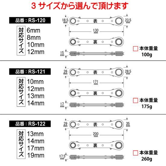 RS-120/RS-121/RS-122 板ラチェットレンチ 全3サイズ 1本で4 RS-120/RS-121/RS-122 板ラチェットレンチ 全3サイズ 1本で4