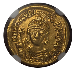 BYZANTINE EMPIRE Maur.Tiberius,AD 582-602 AV Solidus(4.40g) Carthage.1st indictional cycle,yr.8