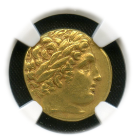 KINGDOM OF MACEDON Philip II, 359-336 BC AV Stater obv Apollo. rv biga.AU 5/5
