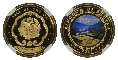 2021年 丑年牛図記念コイン ブータン 1000ニュルタムカラー金貨