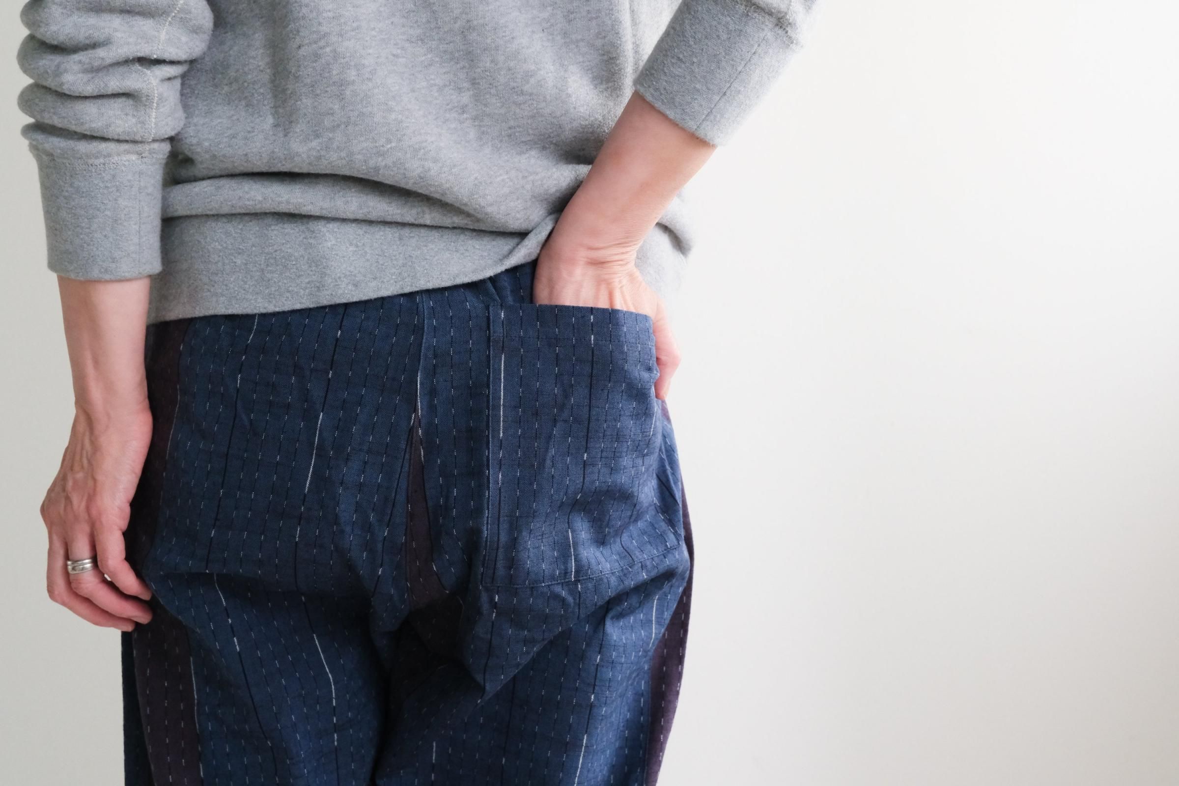 うなぎの寝床 現代風もんぺ カタカナ別注 (バイカラー絣ライン