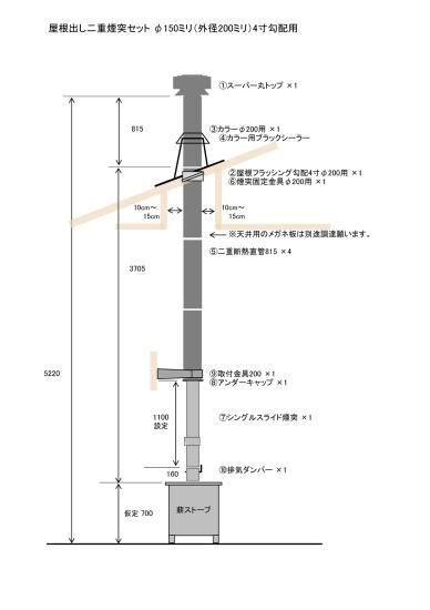 屋根出し二重煙突セット・150ミリ(外径200ミリ)勾配4寸 屋根出し二重煙突セット・150ミリ(外径200ミリ)勾配4寸
