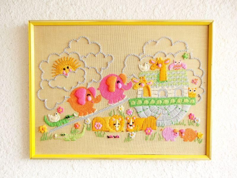 70sアメリカアンティー USA花の刺繍壁掛け ヴィンテージ