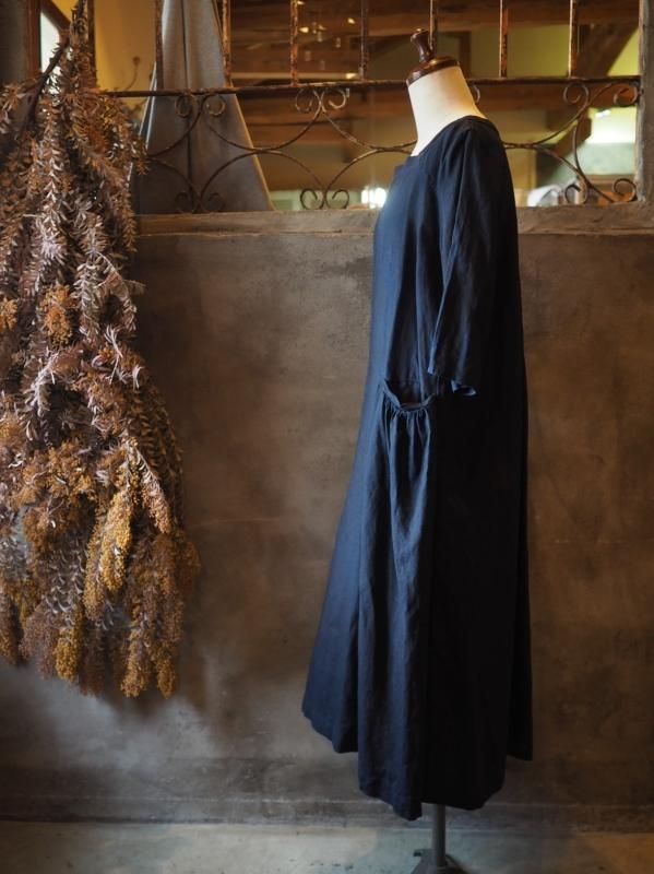 ポケットギャザーワンピースインディゴリネン - Sa-Rah Market