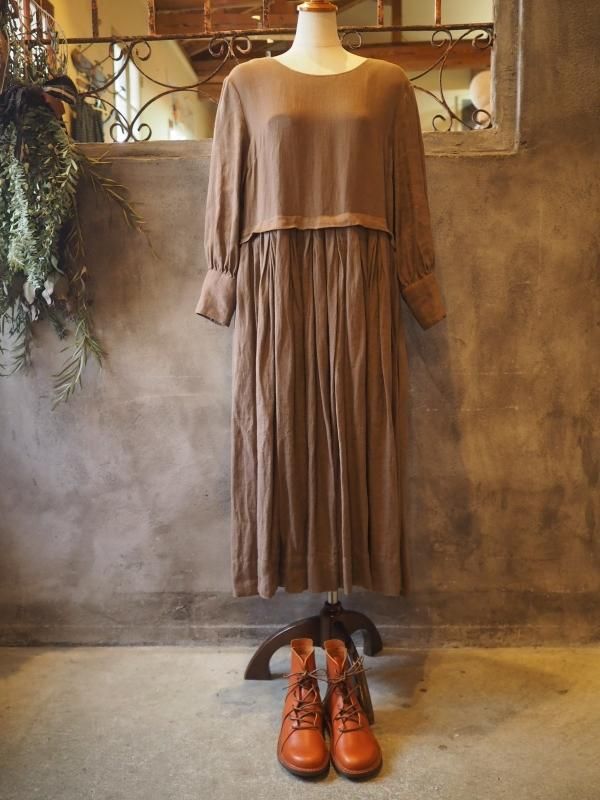 クラシカルワンピース長袖梨地リネンブラウン - Sa-Rah Market