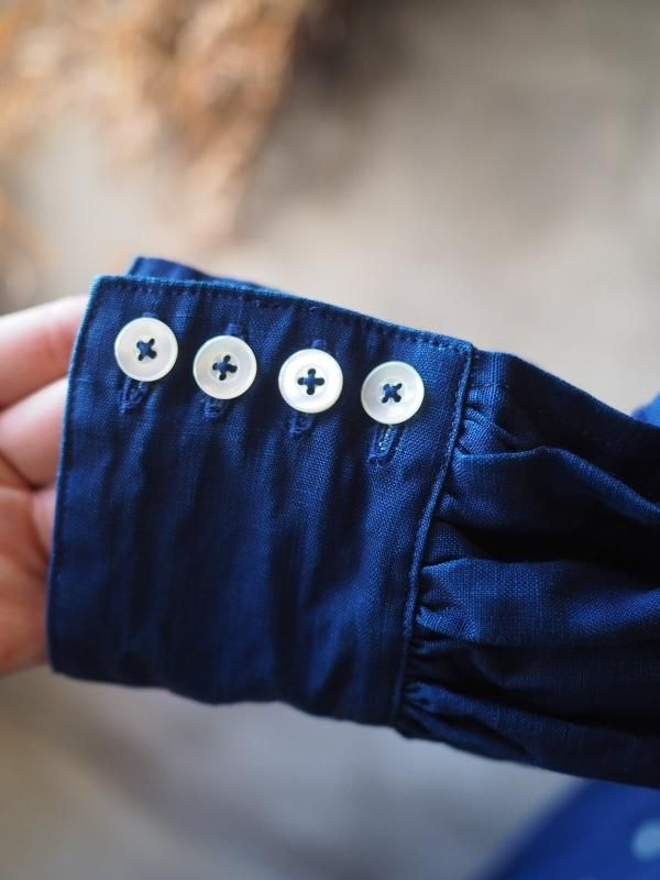 お値下げ　sa-rah スタンドネックギャザーワンピース長袖 インディゴリネン スタンドネックギャザーワンピース長袖インディゴリネン