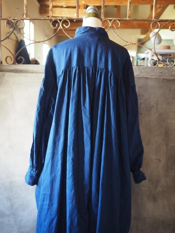 お値下げ　sa-rah スタンドネックギャザーワンピース長袖 インディゴリネン スタンドネックギャザーワンピース長袖インディゴリネン
