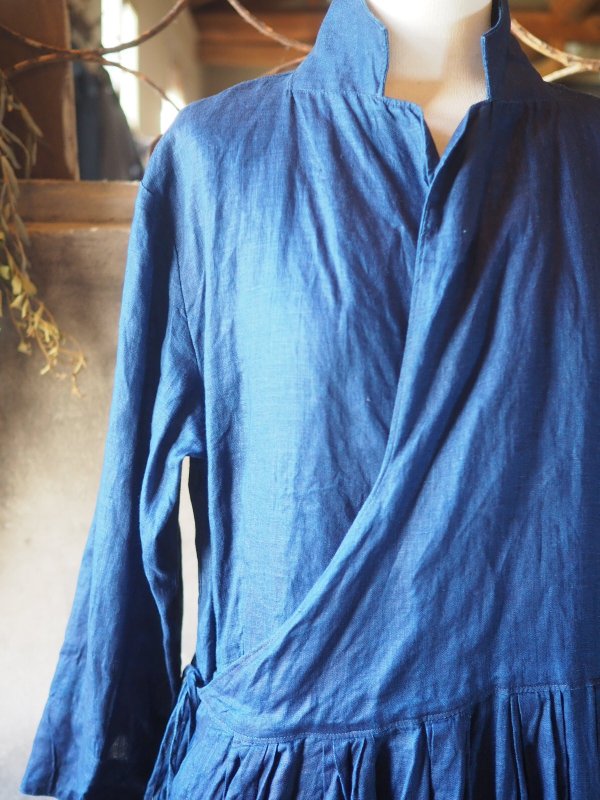 衿つきカシュクールワンピース七分袖インディゴリネン - Sa-Rah Market