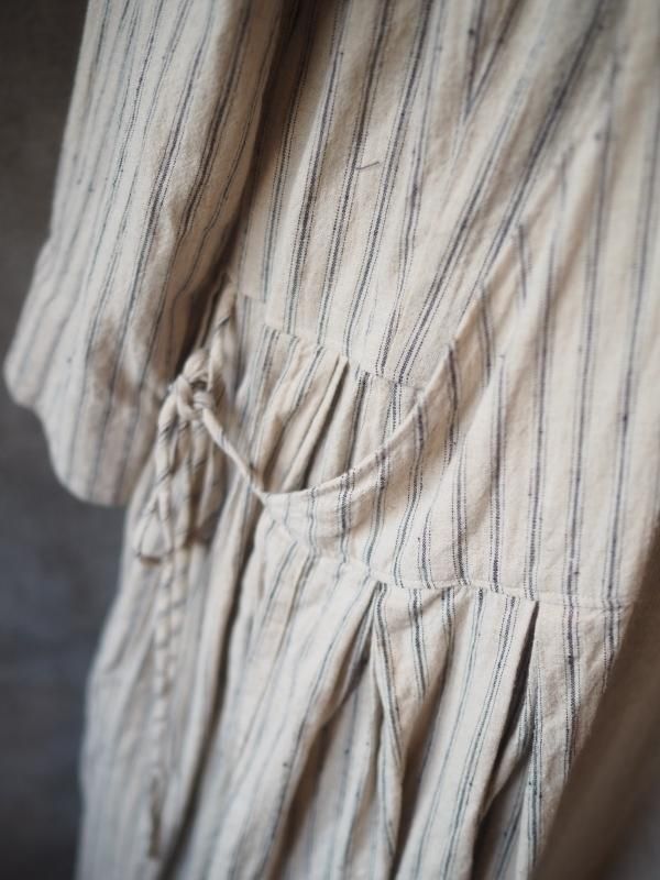 衿つきカシュクールワンピース七分袖ナチュラルストライプコットン