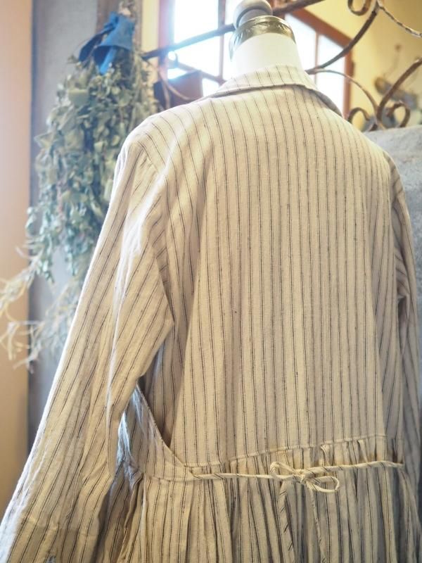 衿つきカシュクールワンピース七分袖ナチュラルストライプ 衿つきカシュクールワンピース七分袖ナチュラルストライプ