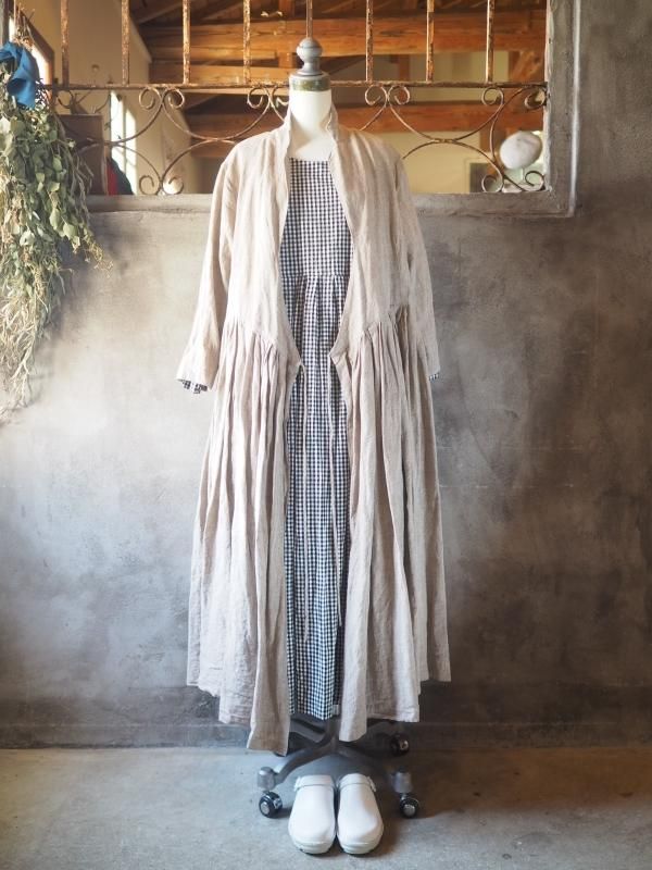 衿つきカシュクールワンピース七分袖シャンブレーナッツリネン - Sa