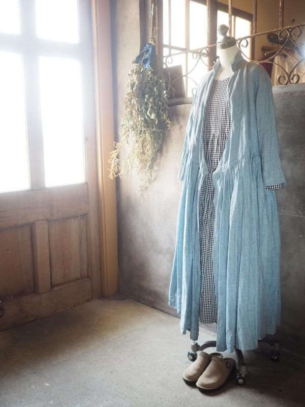 衿つきカシュクールワンピース七分袖シャンブレーライトブルーリネン