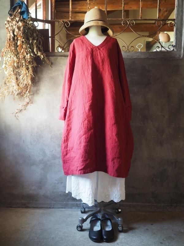 SA-RAH 完売品　パピヨンワンピース　七分丈　リネンレッド SA-RAH 完売品パピヨンワンピース七分丈リネンレッド