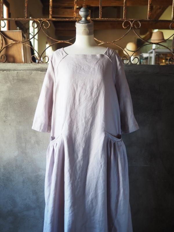 ポケットギャザーワンピースヨーロッパリネンペールラベンダー - Sa