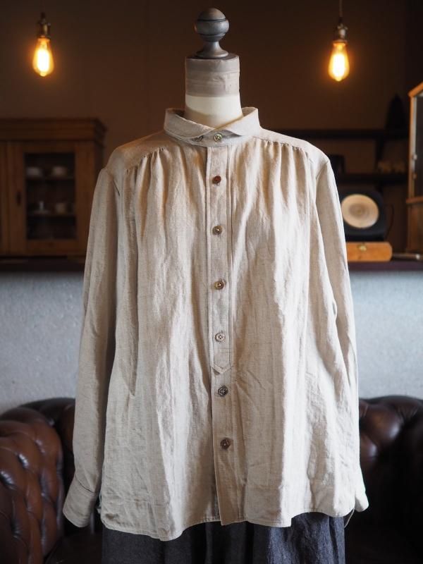 SA-RAH サラ チビ襟 シャツ ワンピース リネン チビ衿スタンダードワンピース長袖 ナチュラルヨーロッパリネン