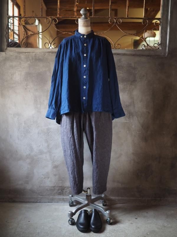 Sa-Rah帽子千秋 チビ衿ギャザーワンピース 長袖 ナチュラルリネン
