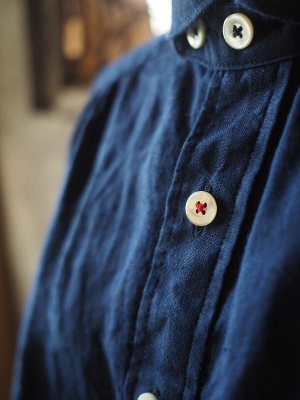 チビ衿ギャザーシャツ長袖インディゴリネン - Sa-Rah Market
