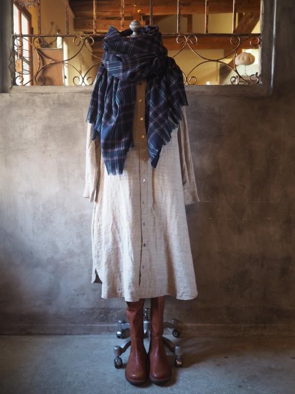 ウールガーゼストール大判 ブルーグリーンチェックレッドライン - Sa