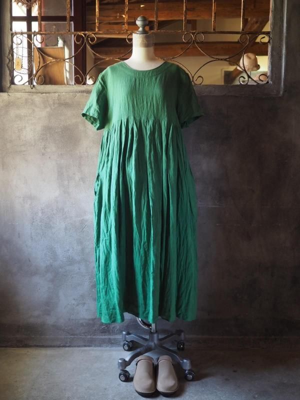 sa-rah チビ衿ギャザーワンピース・長袖 リネン グリーン sa-rah チビ衿ギャザーワンピース・長袖 リネン グリーン sa-rah チビ