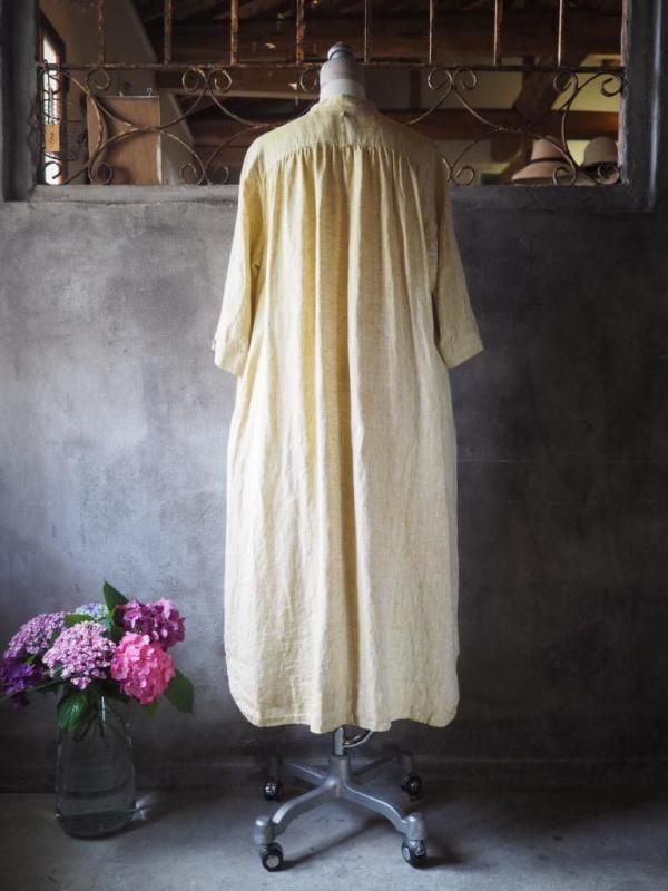 スタンドネックピンタックワンピース七分袖 レモングラスリネン - Sa