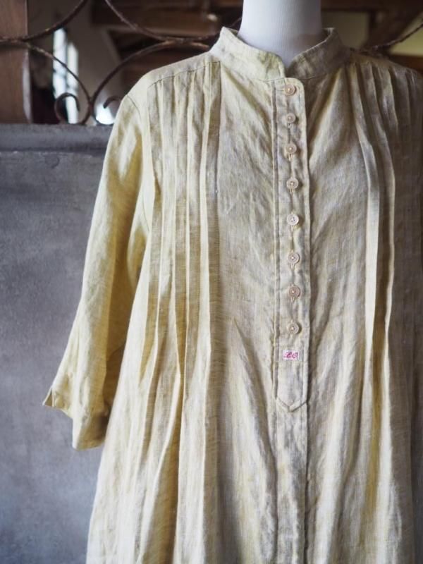 スタンドネックピンタックワンピース七分袖 レモングラスリネン - Sa