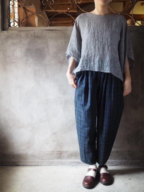 男女兼用コクーンパンツロング コットンリネンブラックウォッチ - Sa