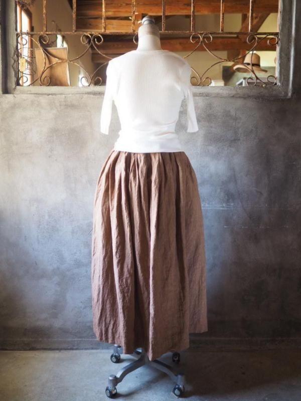 ハンドメイド ふんわり タックスカート リネン ブラウン S相当 ハンドメイド ふんわり タックスカート リネン ブラウン S相当