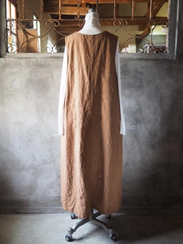 レイヤードVワンピース 柿渋リネンブラウン - Sa-Rah Market