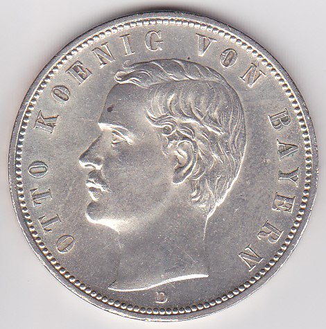 ドイツ5マルク銀貨 バイエルン・オットー1世 1907年D UNC/未使用 送料 