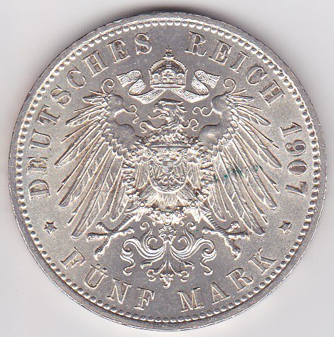 ドイツ5マルク銀貨 バイエルン・オットー1世 1907年D UNC/未使用 送料