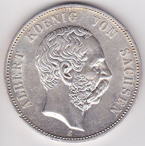 ドイツザクセン5マルク銀貨 アルベルト 1901年E AU/極美品＋ 送料 